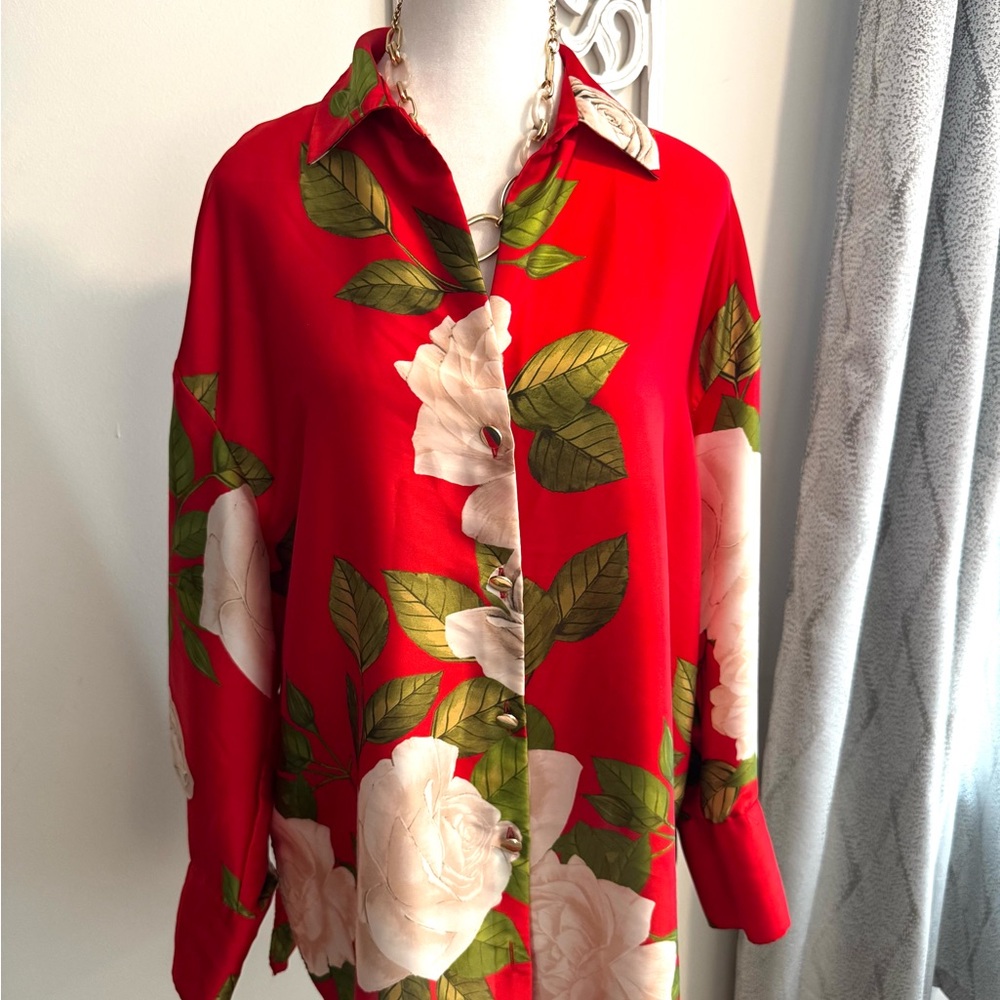 Floral Red Button-Up Blouse